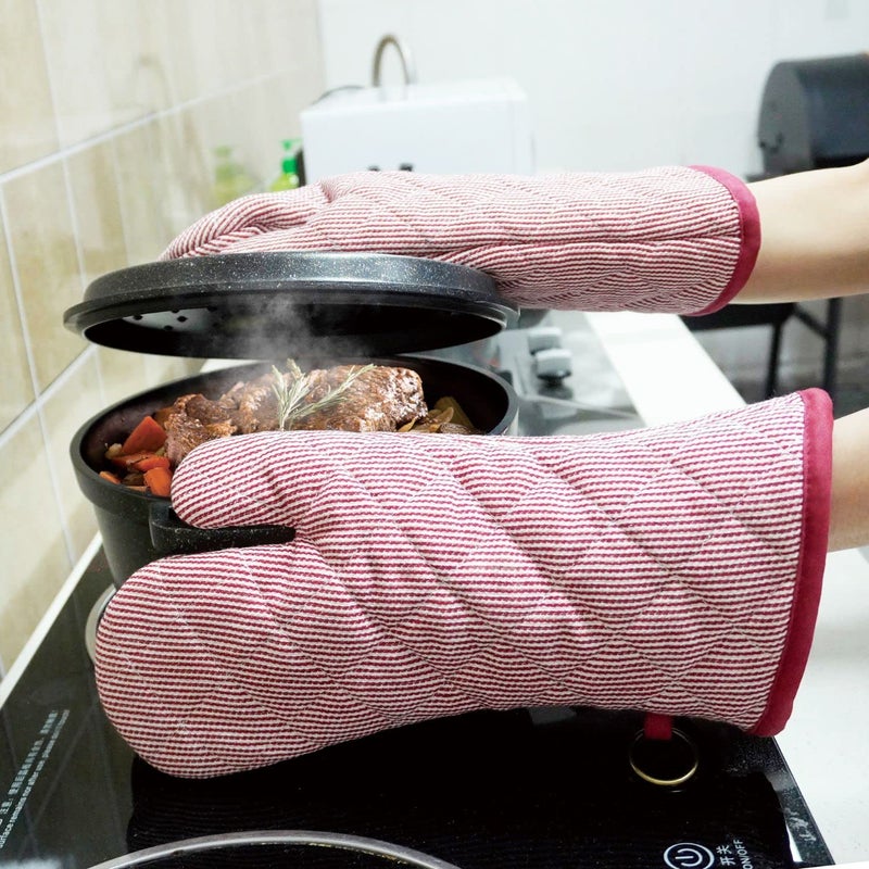 RED LMLDETA 1 Pair Yarn Dyed Oven Mitts 100% Cotton Heat Resistant 470 Degree Gloves Men Women Cooking Baking Barbecue BBQ Microwave Crafting Machine Washable Pot Holders Mittens (red2) - Image 5
